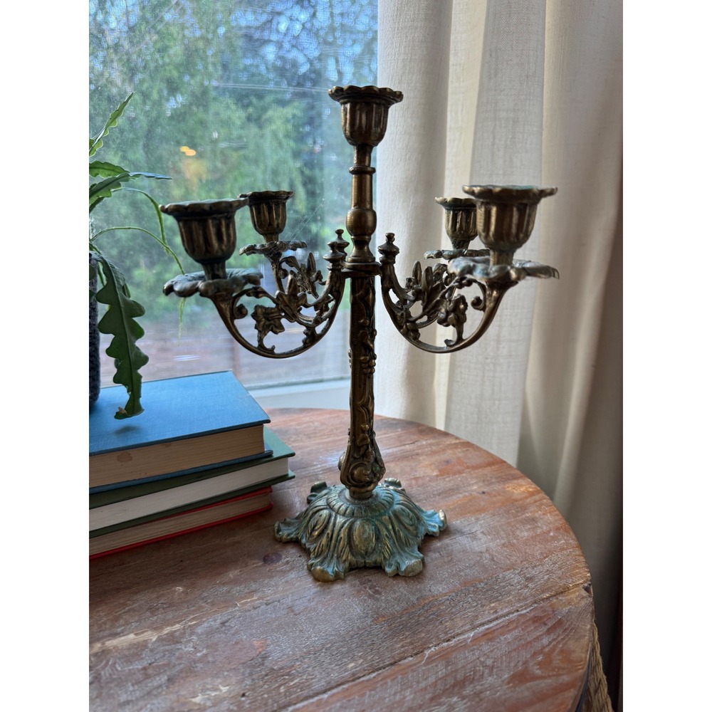 Vintage Ornate Brass 5 Arm Candelabra Ornate Floral Scrollwork Verdigris Patina